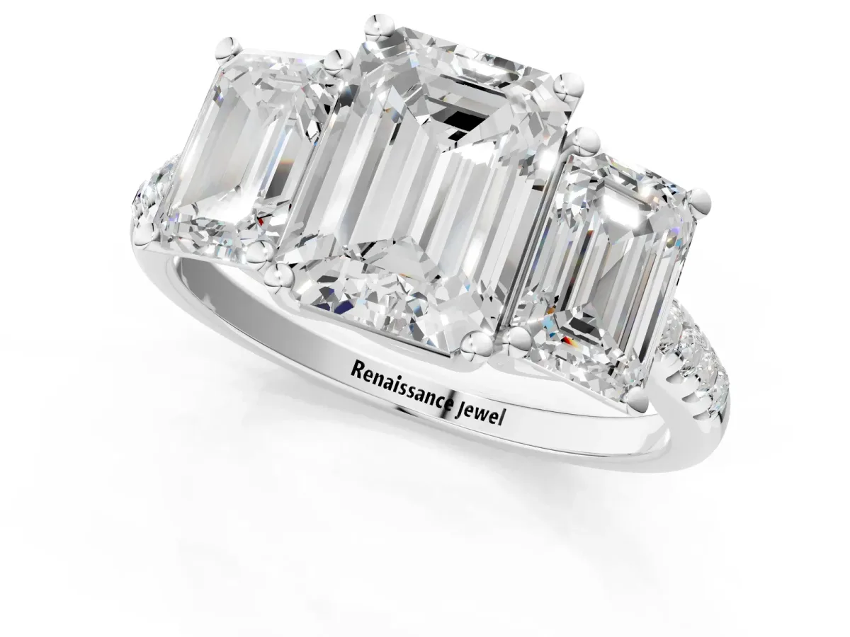 Three-Stone Emerald Cut Diamond Ring with Round Moissanite Pavé Band and Prong Setting Silver