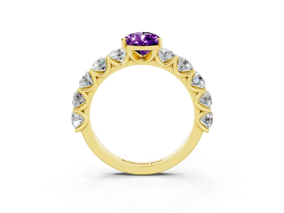 Pear Cut Amethyst Prong Setting with Side Stones on a Pave Band Yellow gold