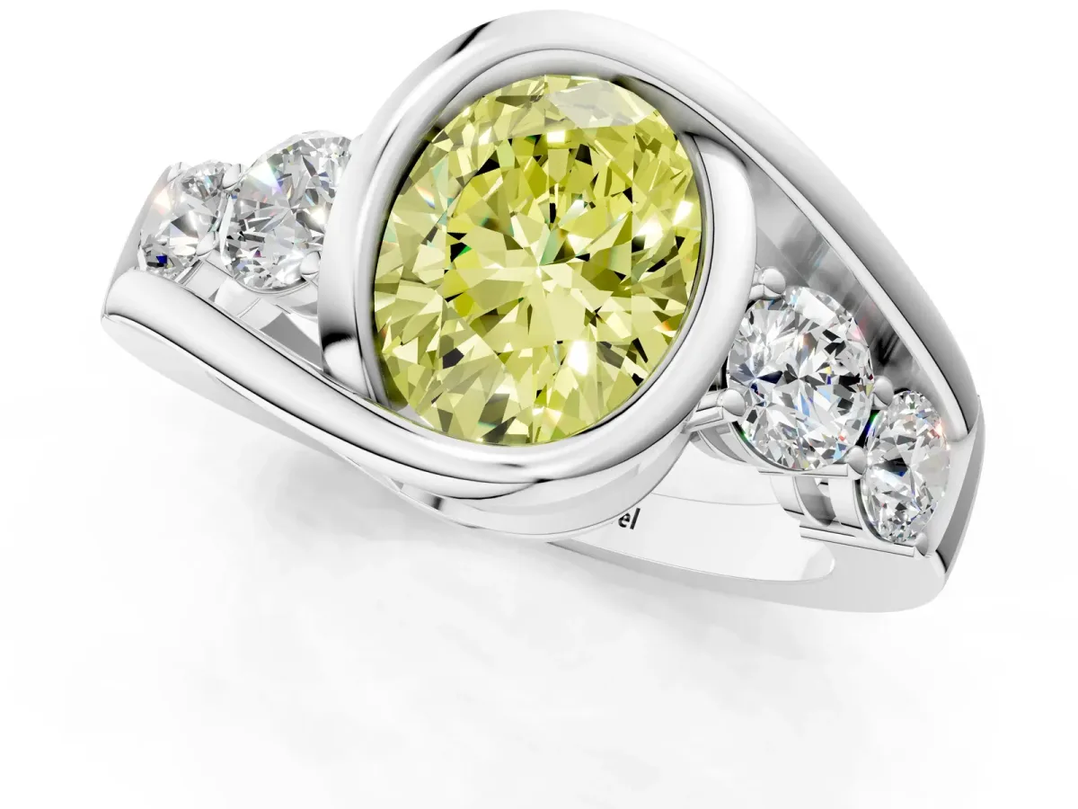 Fancy Yellow Bezel Set Oval Cut Diamond Bypass Ring with Round Accents Silver