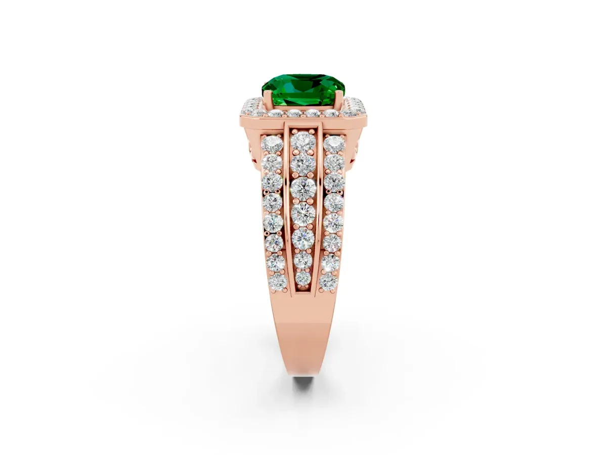 Cushion Cut Halo Emerald Ring with Round Split Shank and Prong Setting Rose gold