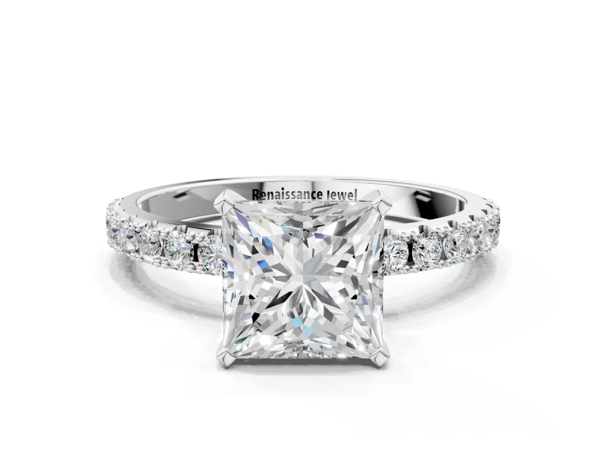 Princess Cut Diamond Solitaire Pavé Band with Four-Prong Setting Platinum