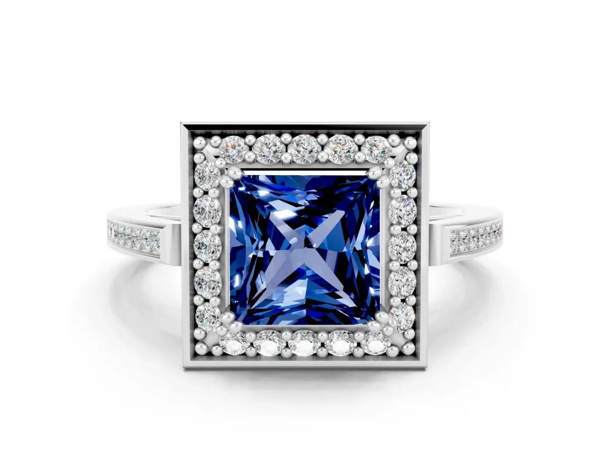 Princess Cut Blue Sapphire Halo Ring with Split Shank and Four-Prong Setting Platinum