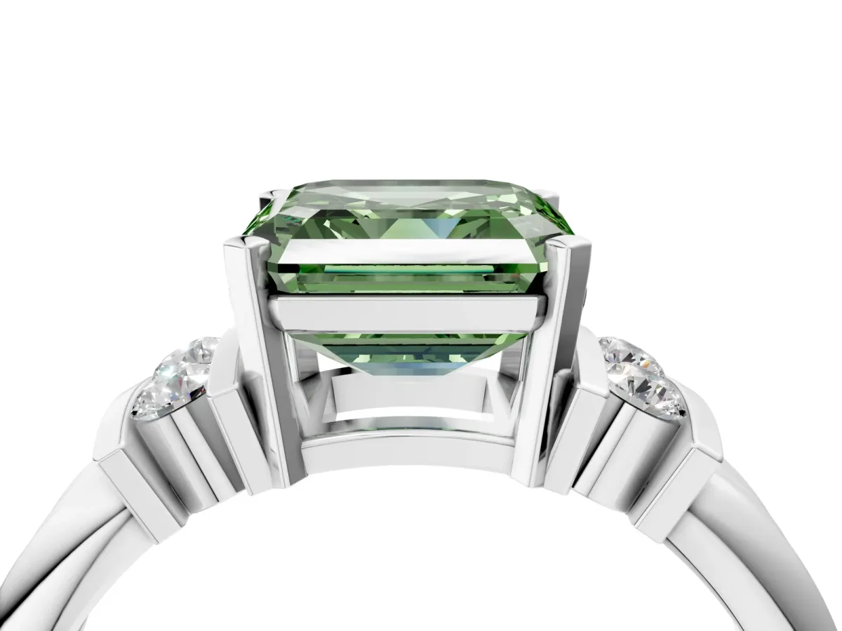 Fancy Green Asscher Cut Cut Three-Stone Channel Set Ring with Bar Prongs Platinum