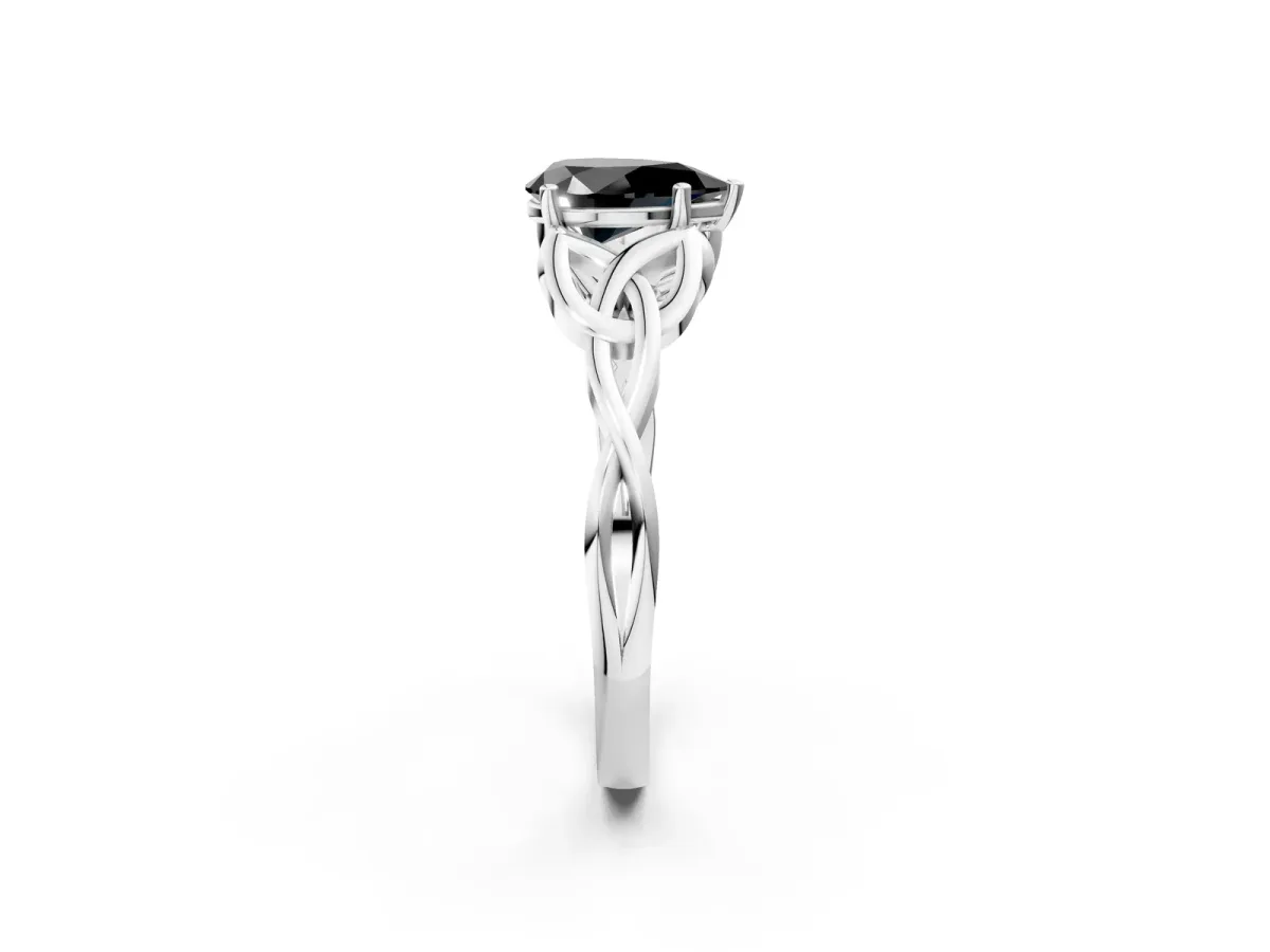 Fancy Black Pear Cut Diamond Solitaire Engagement Ring with Celtic Knot Band and Four-Prong Setting Silver