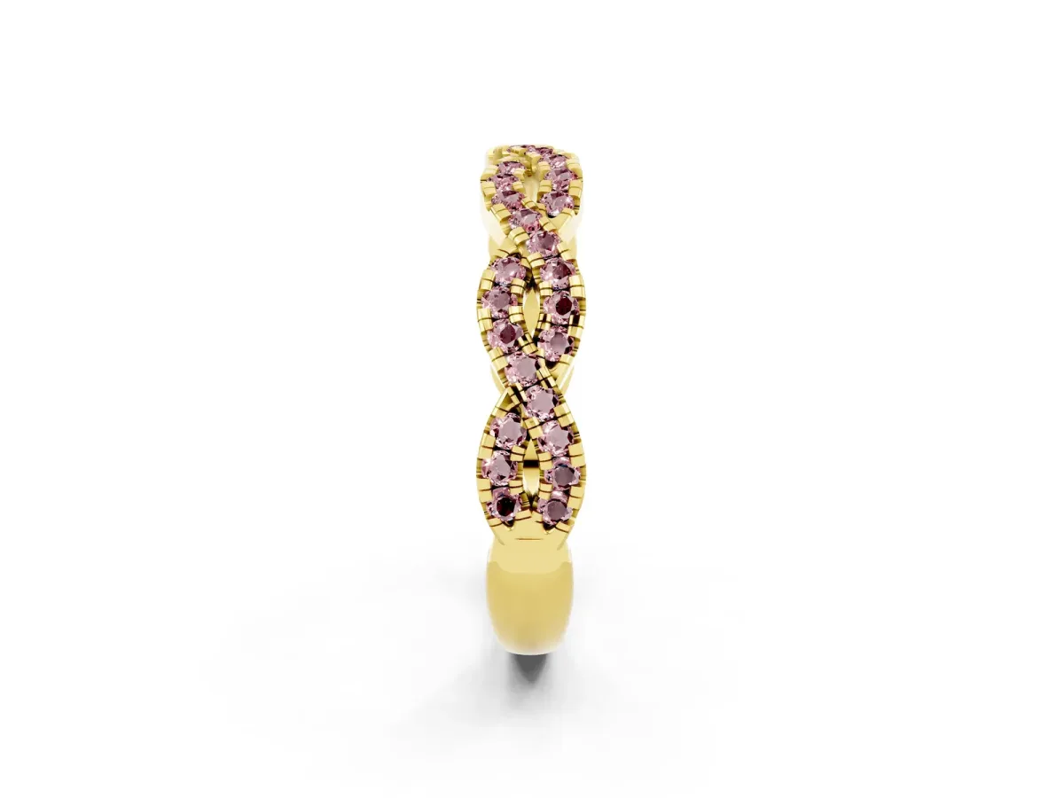Round Morganite Twisted Eternity Band with Pavé and Shared Prong Setting Yellow gold