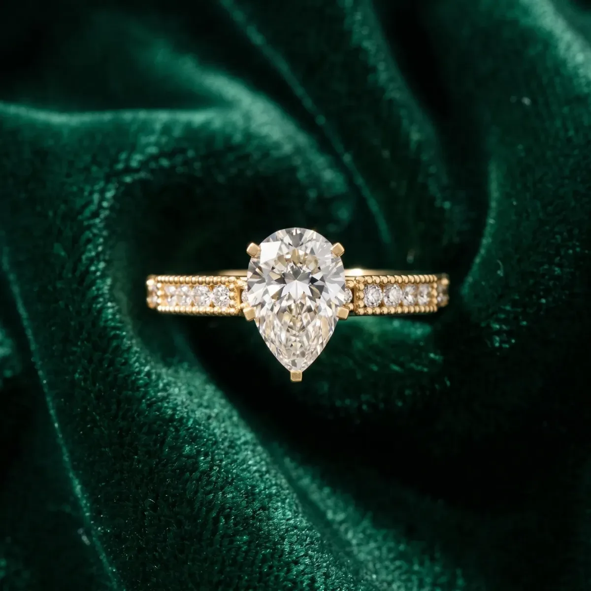Pear Cut Solitaire with Pavé Band and Four-Prong Setting Yellow gold