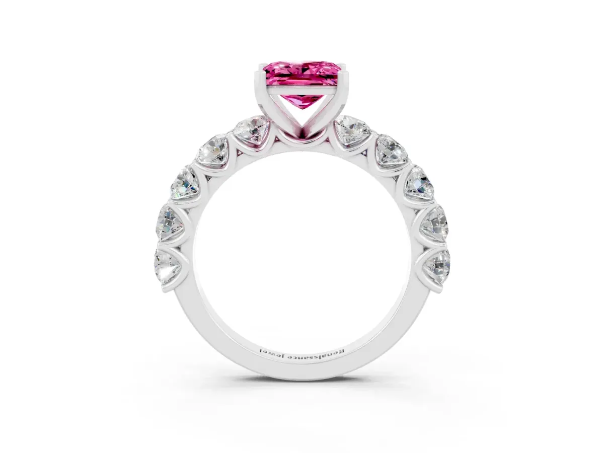 Princess Cut Pink Sapphire Prong Setting with Side Stones on a Pave Band Silver