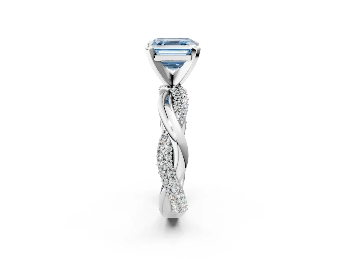 Fancy Blue Asscher Cut Solitaire Twist Band with Pave Prong Setting Platinum