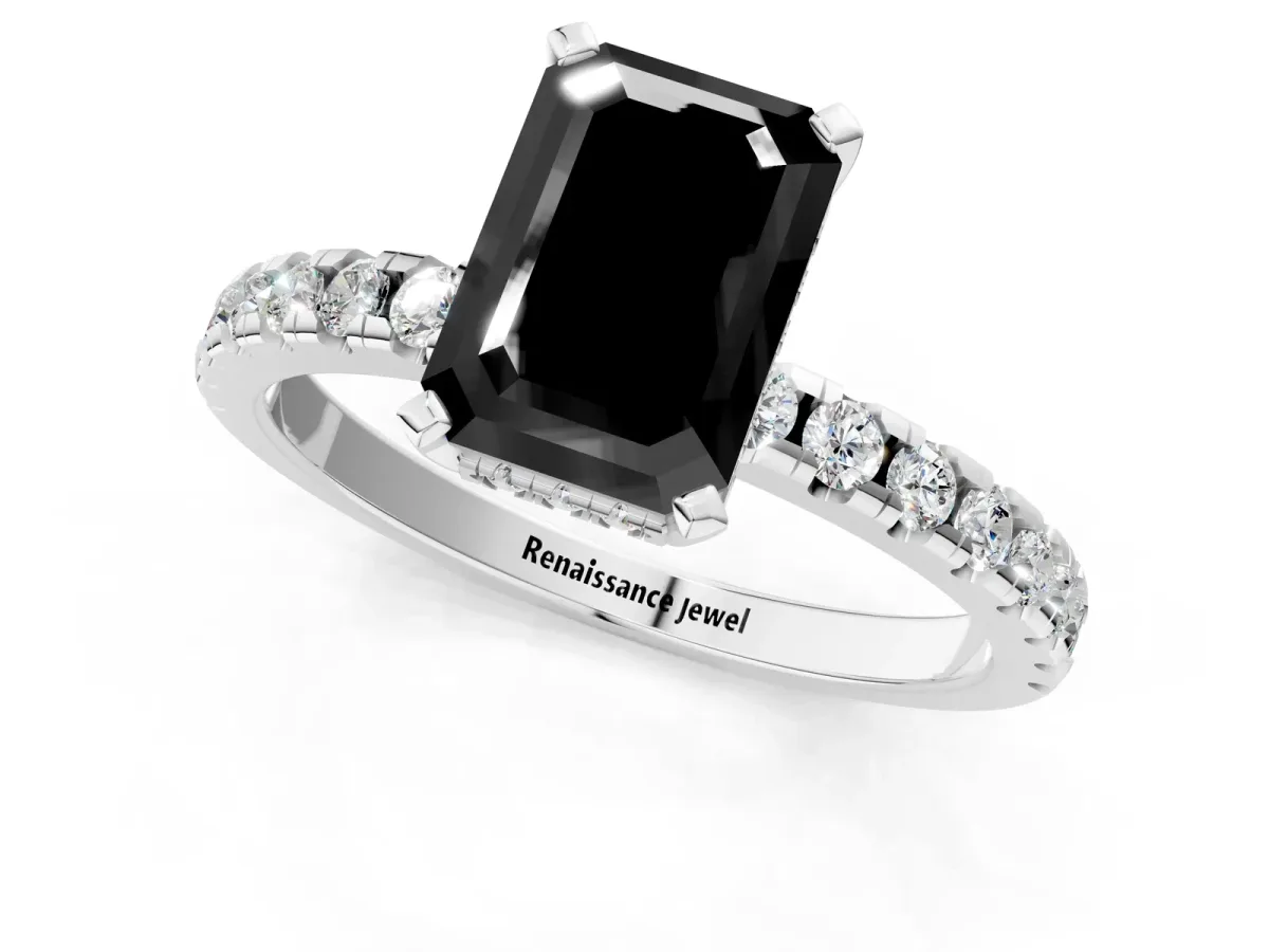 Fancy Black Emerald Cut Diamond Solitaire Ring with Round Pavé Band and Four-Prong Setting Silver