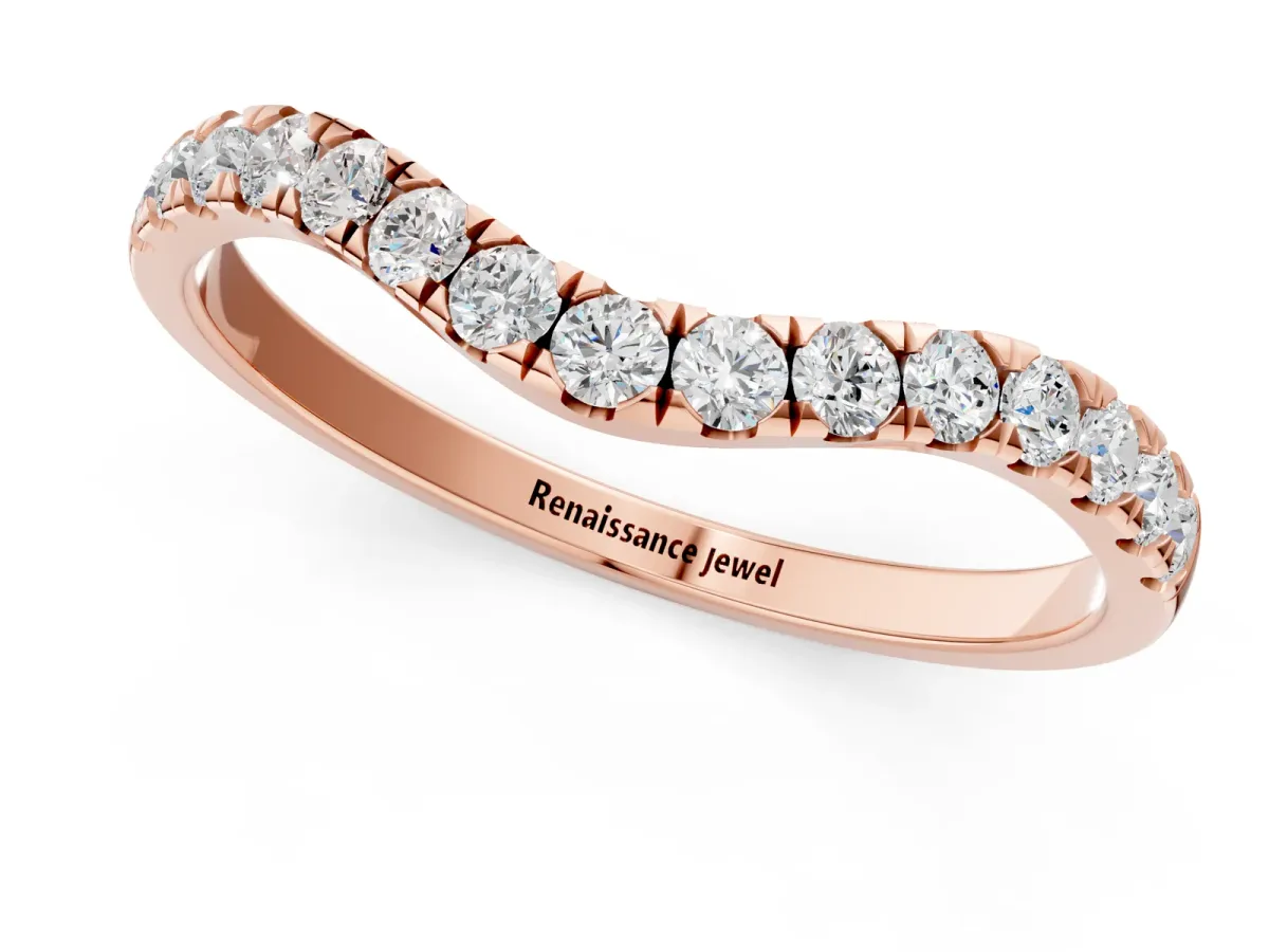 Curved Pavé Round Diamond Wedding Band with Shared Prong Setting Rose gold