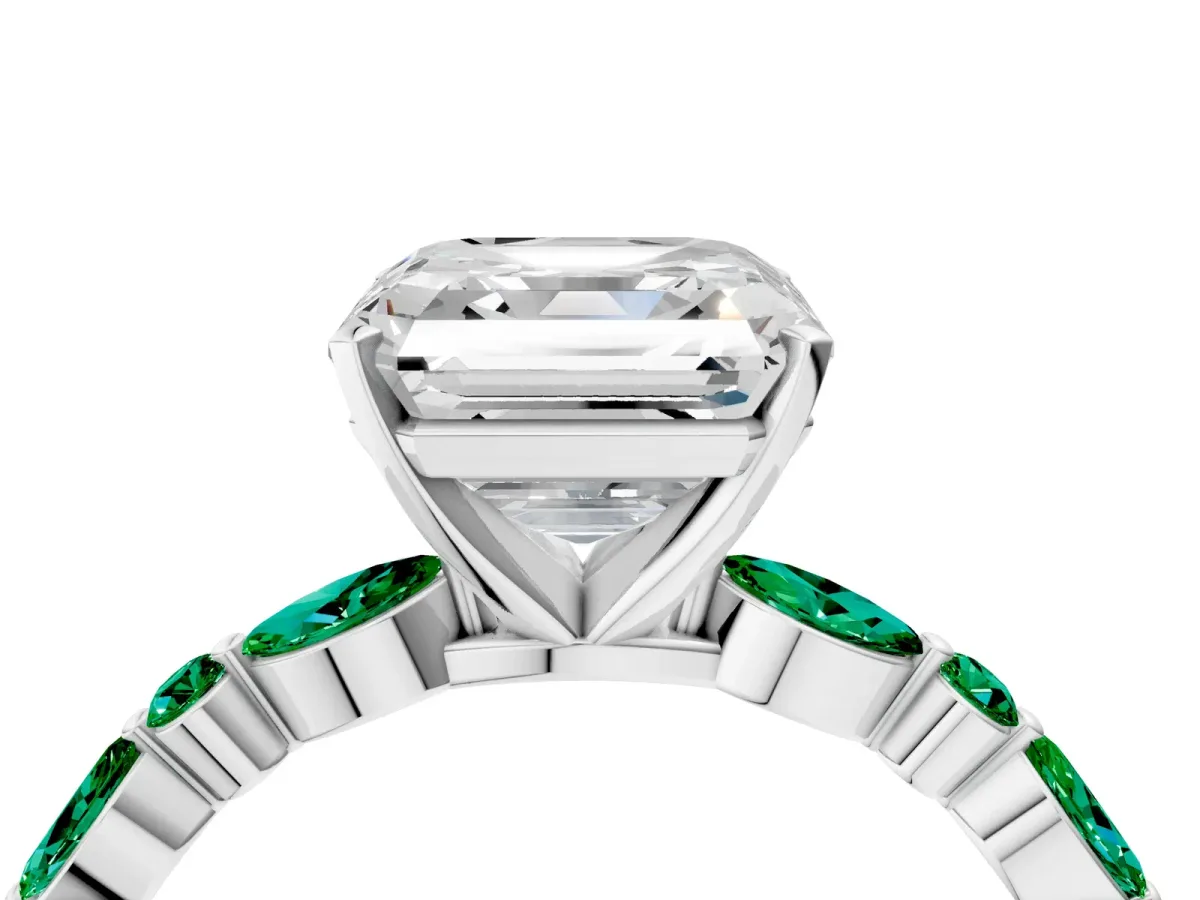 Asscher Cut Diamond Ring with Marquise and Round Emerald Side Stones and Four-Prong Setting Silver