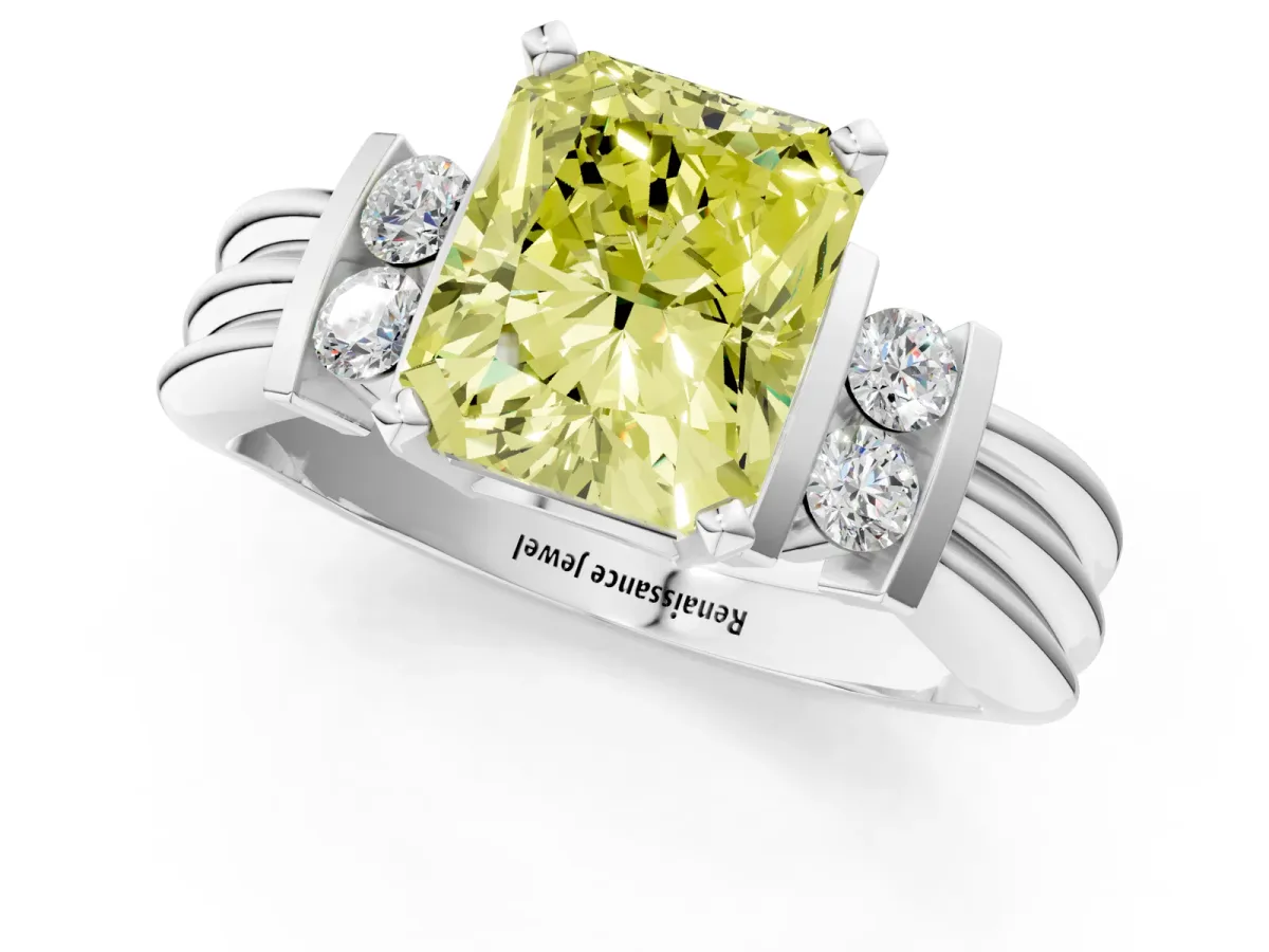 Fancy Yellow Radiant Cut Cut Three-Stone Channel Set Ring with Bar Prongs Platinum