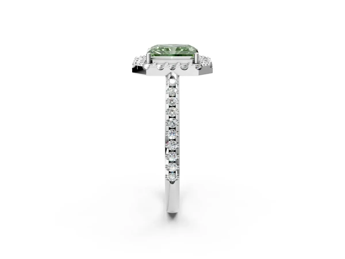 Fancy Green Radiant Cut Diamond Pavé Halo Ring with Four-Prong Setting Platinum