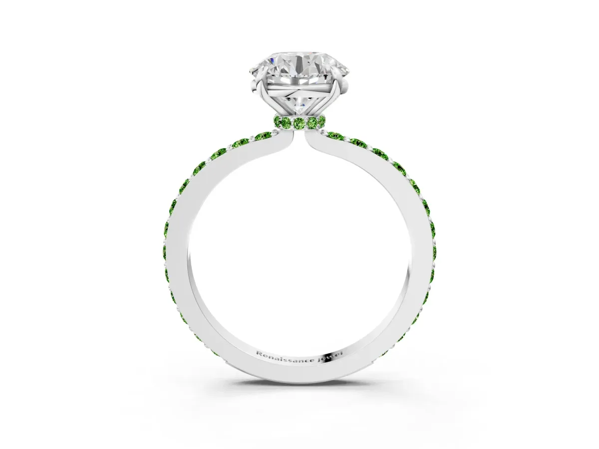 Round Cut Diamond Pavé Engagement Ring with Round Peridot Accents and Prong Setting Silver