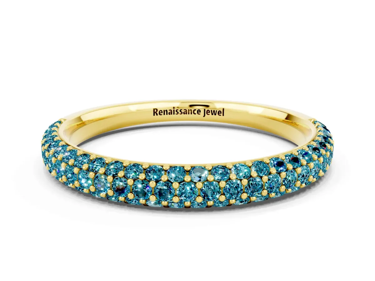 Round Blue Topaz Pavé Eternity Band with Shared Prong Setting Yellow gold