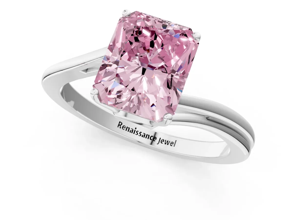Fancy Pink Radiant Cut Cut Solitaire Twist Band Ring with Four-Prong Setting Platinum