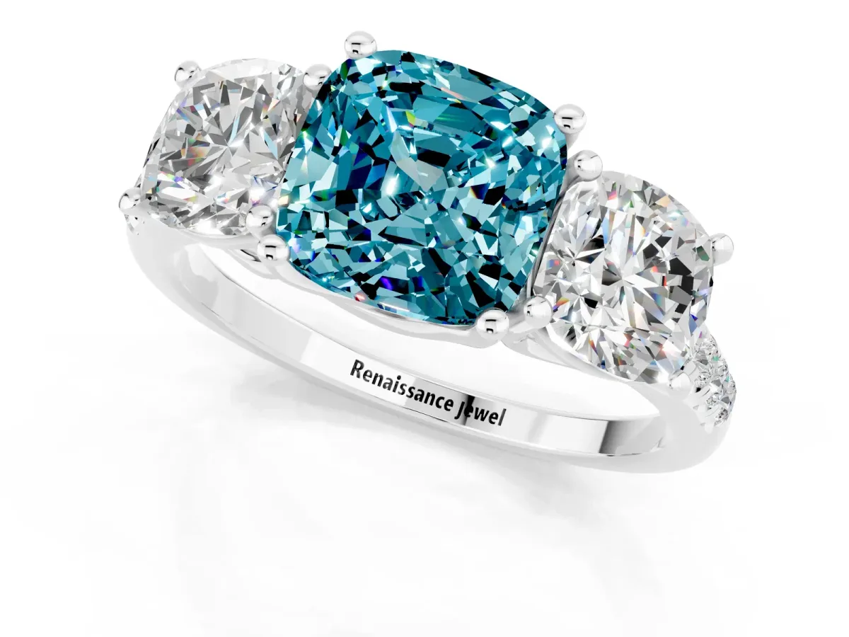 Three-Stone Cushion Cut Blue Topaz Ring with Round Pavé Band and Prong Setting Silver