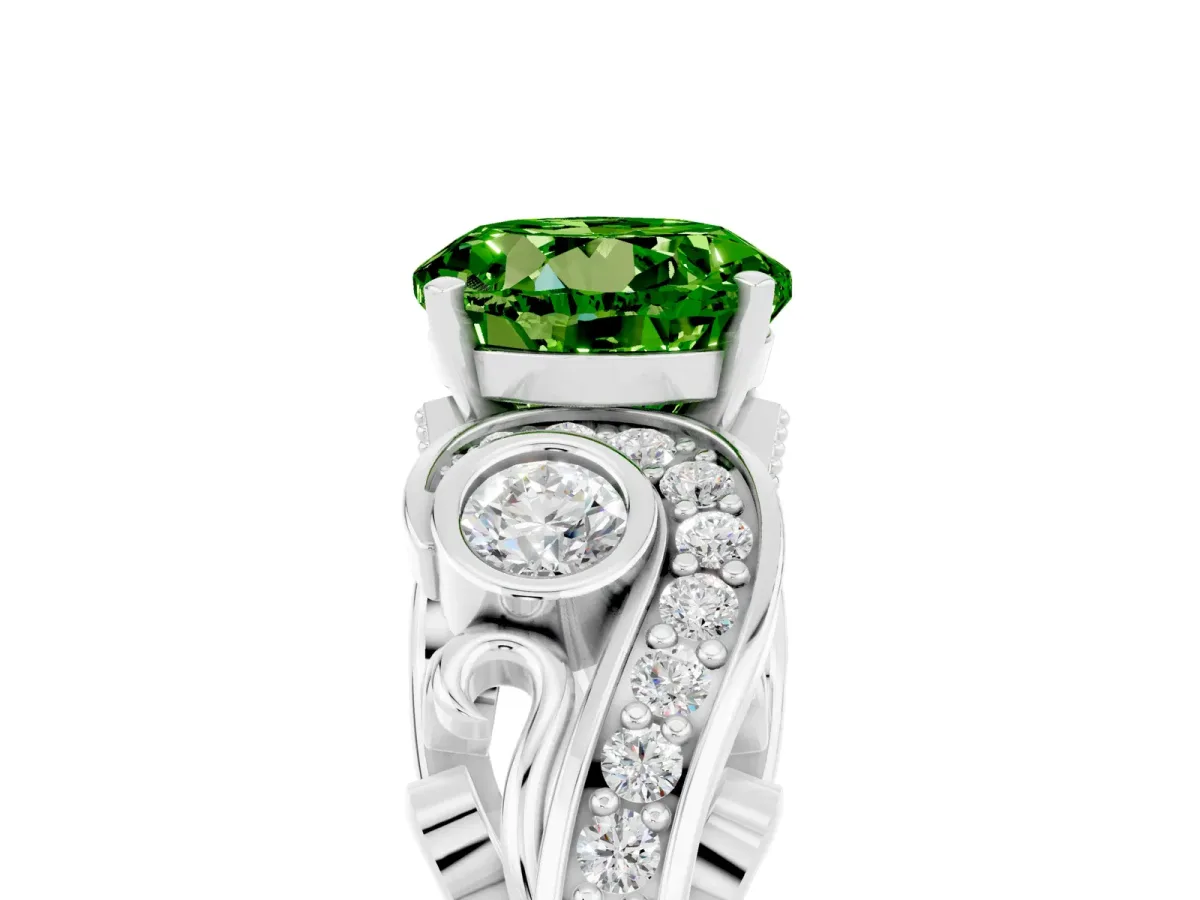 Round Cut Peridot Solitaire Ring with Milgrain Pavé Band and Four-Prong Setting Platinum