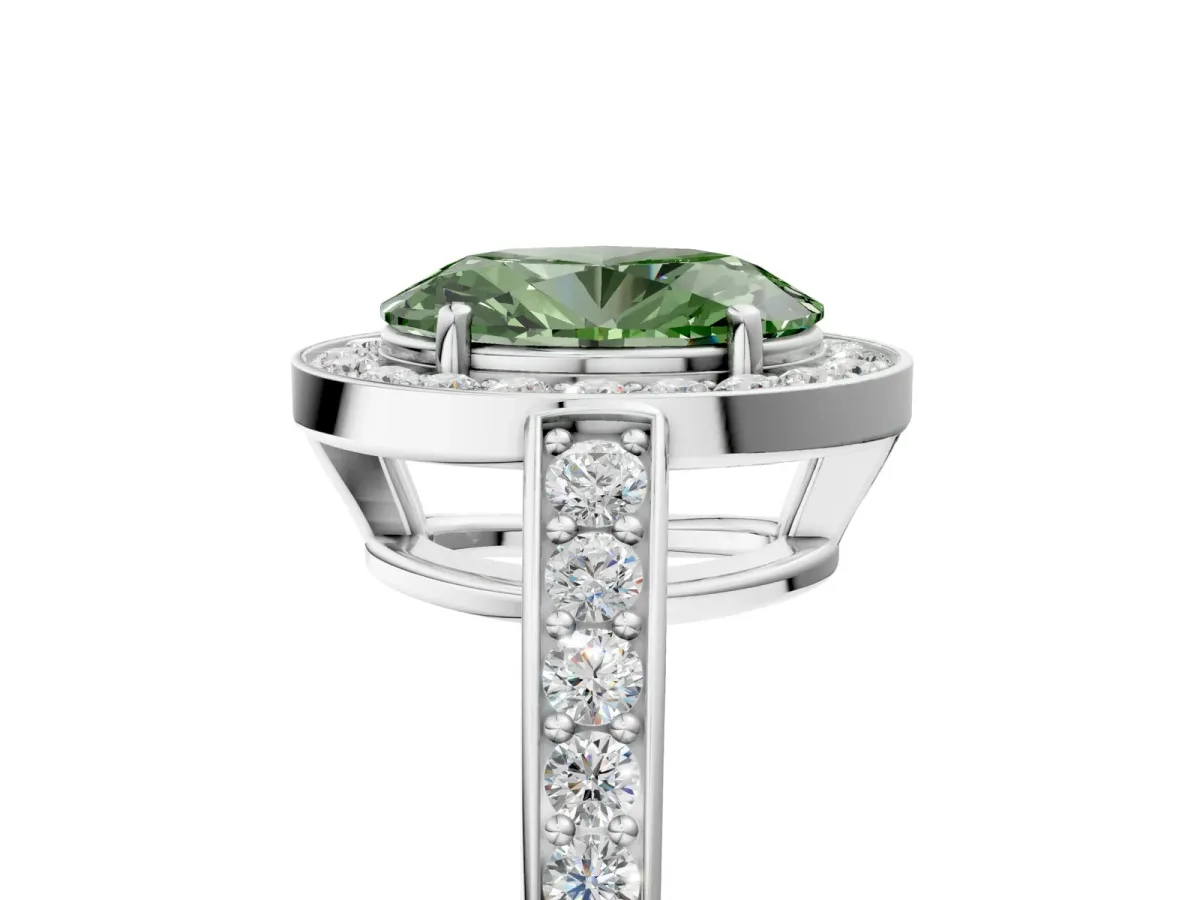 Fancy Green Oval Cut Halo Pavé Diamond Engagement Ring with Bezel Setting Silver