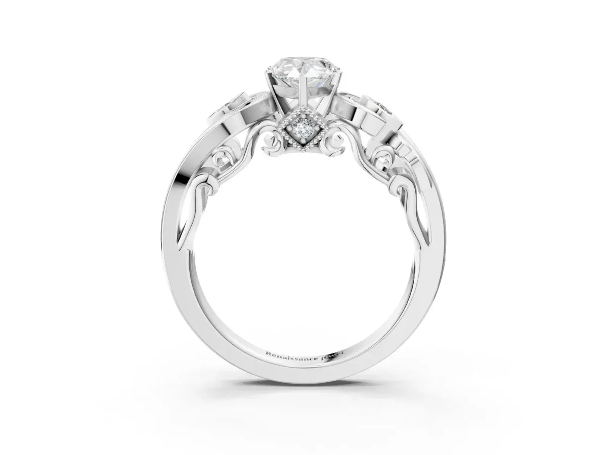 Pear Cut Diamond Solitaire Ring with Milgrain Pavé Band and Four-Prong Setting Silver