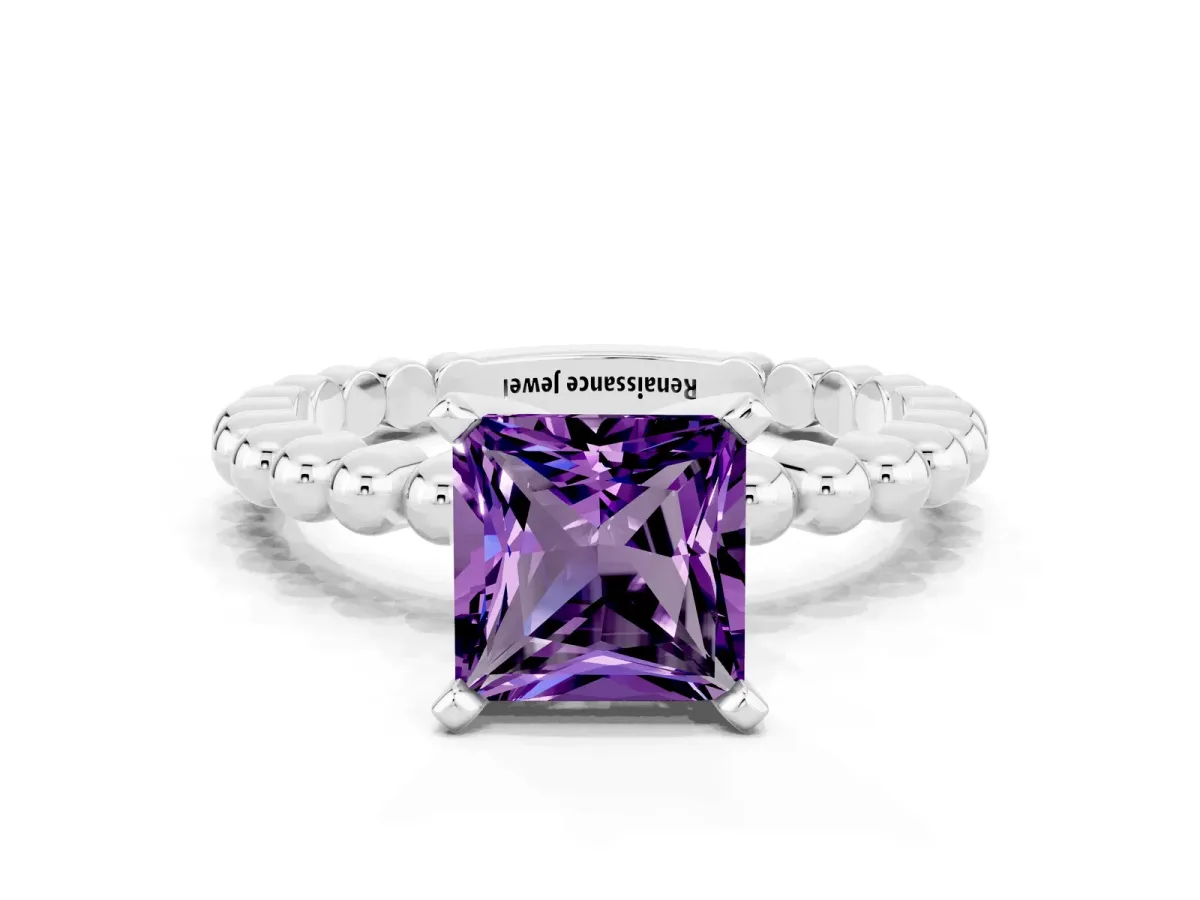 Princess Cut Amethyst Solitaire Ring with Beaded Band and Prong Setting Platinum