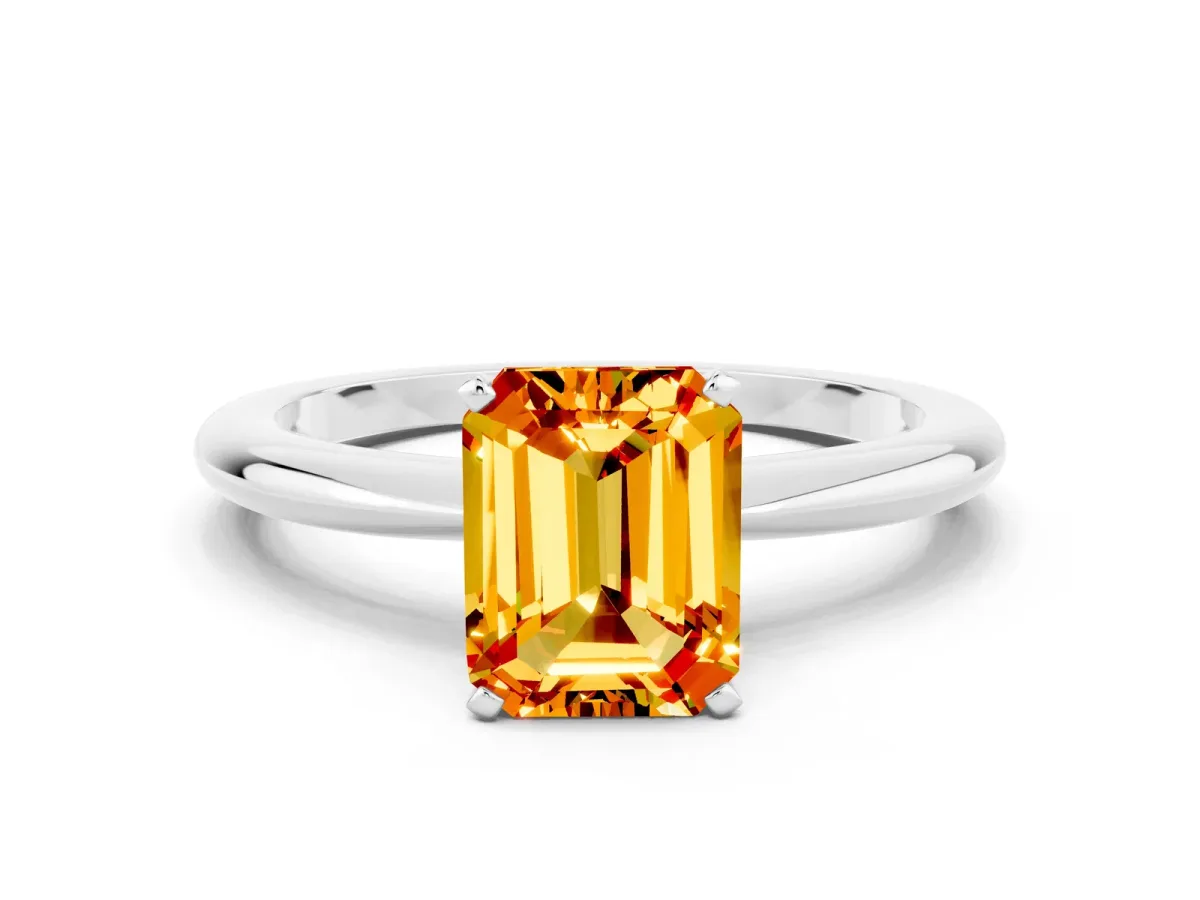 Emerald Cut Citrine Solitaire Ring with Six-Prong Setting and Classic Band Silver