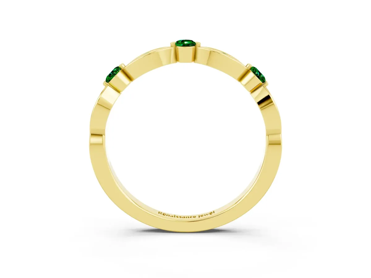 Marquise and Round Emerald Milgrain Band with Bezel Setting Yellow gold