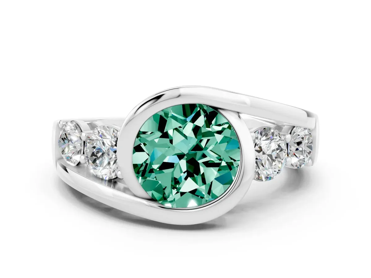 Bezel Set Round Cut Green Sapphire Bypass Ring with Round Accents Silver