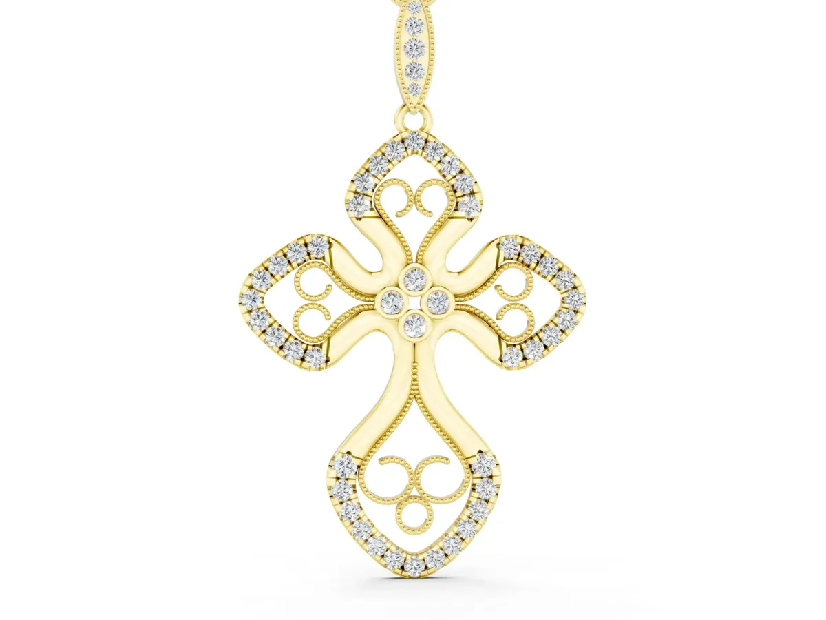 Diamond Pavé Round Milgrain Cross Pendant Yellow gold