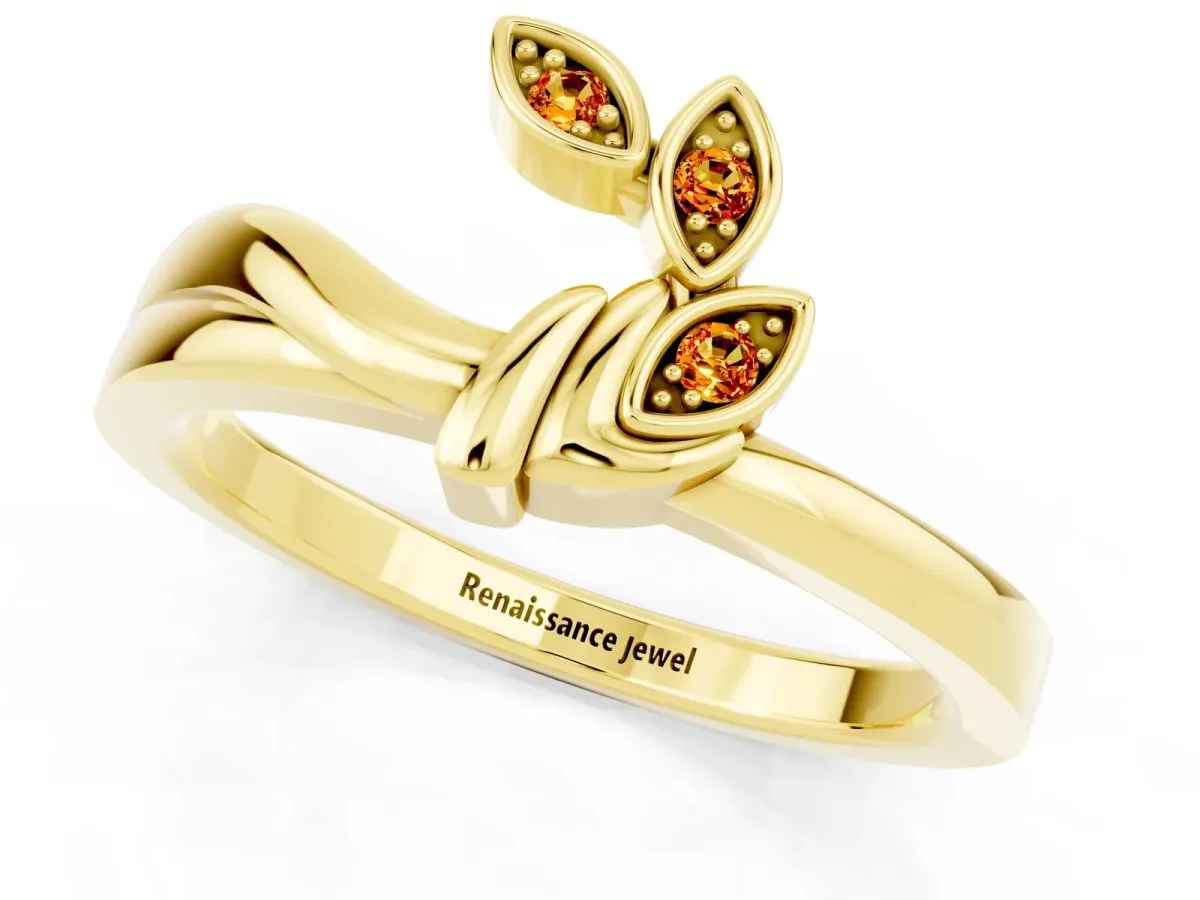 Three-Stone Round Citrine Leaf Bypass Ring with Bezel Setting Yellow gold