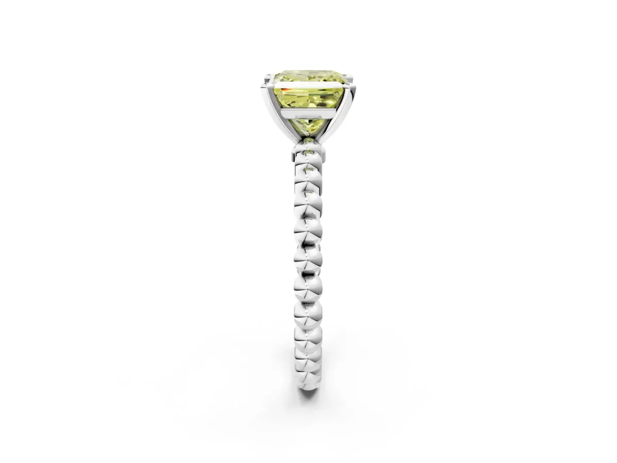 Fancy Yellow Princess Cut Diamond Solitaire Ring with Beaded Band and Prong Setting Silver