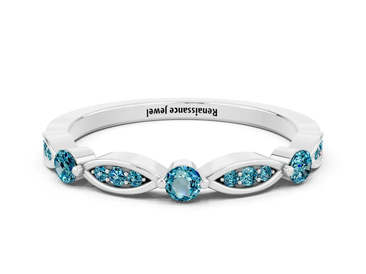 Marquise and Round Blue Topaz Milgrain Band with Bezel Setting Platinum