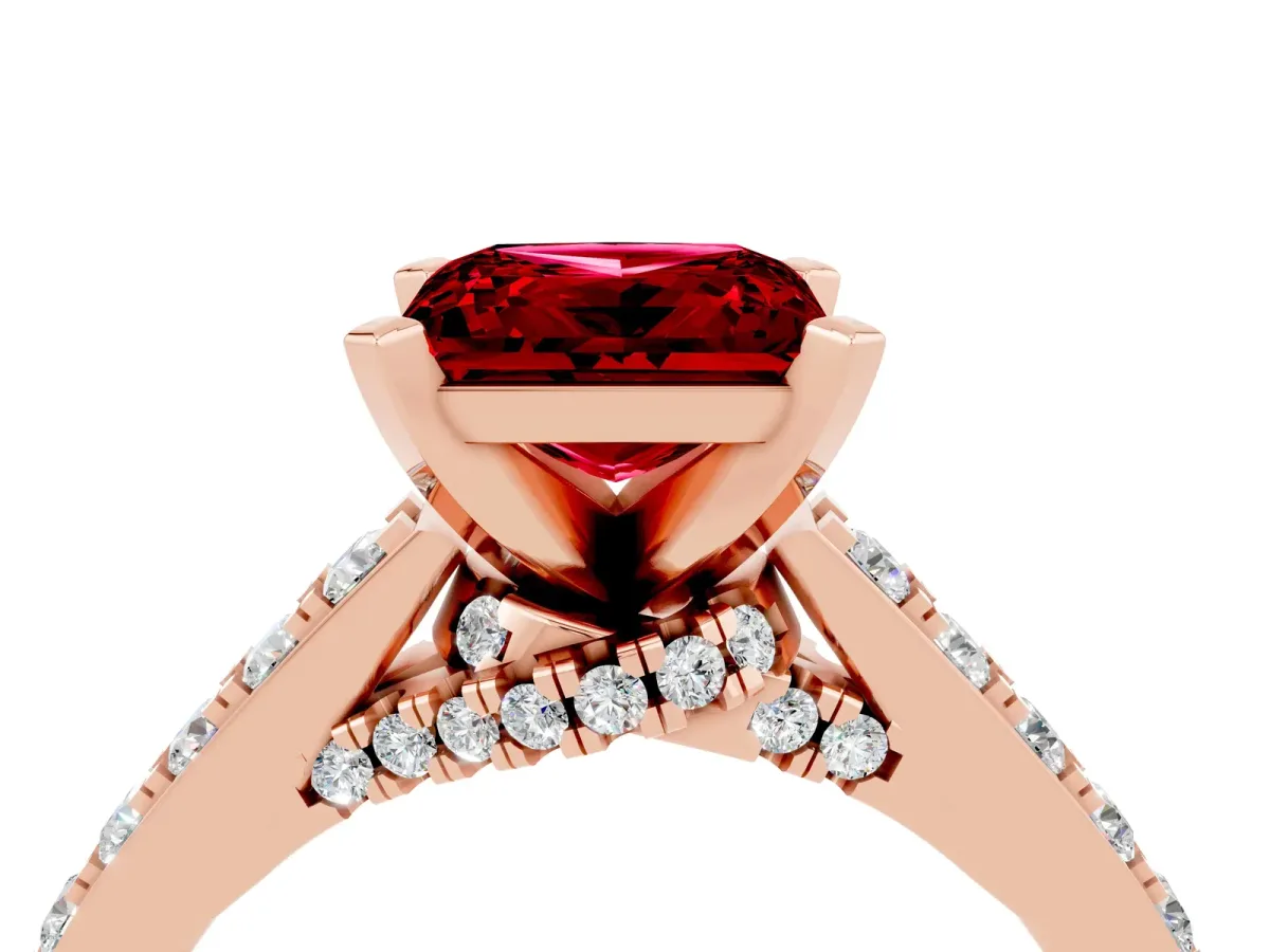 Princess Cut Ruby Solitaire Ring with Crossover Gallery and Round Pavé Band Rose gold