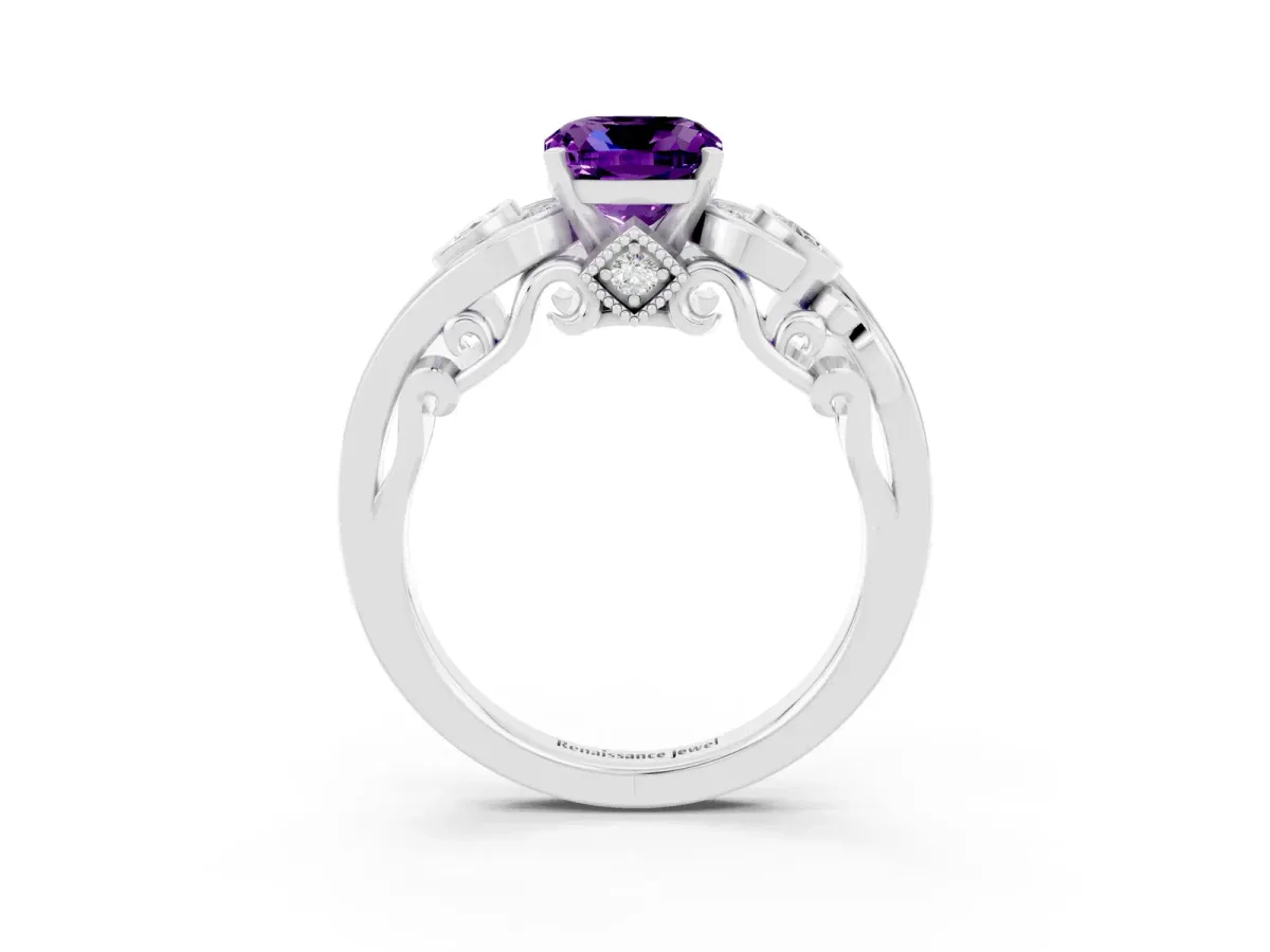 Cushion Cut Amethyst Solitaire Ring with Milgrain Pavé Band and Four-Prong Setting Silver