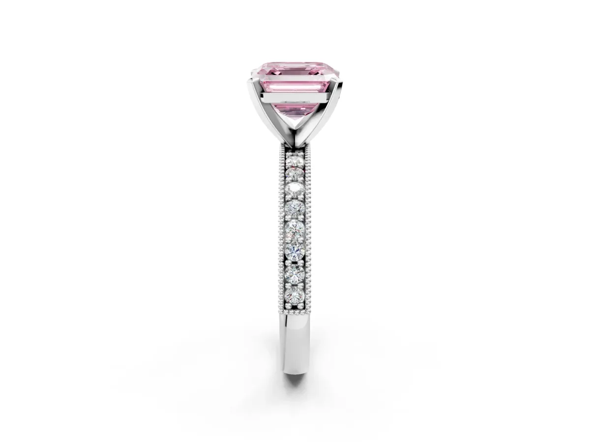 Fancy Pink Asscher Cut Diamond Milgrain Pavé Engagement Ring with Four-Prong Setting Platinum