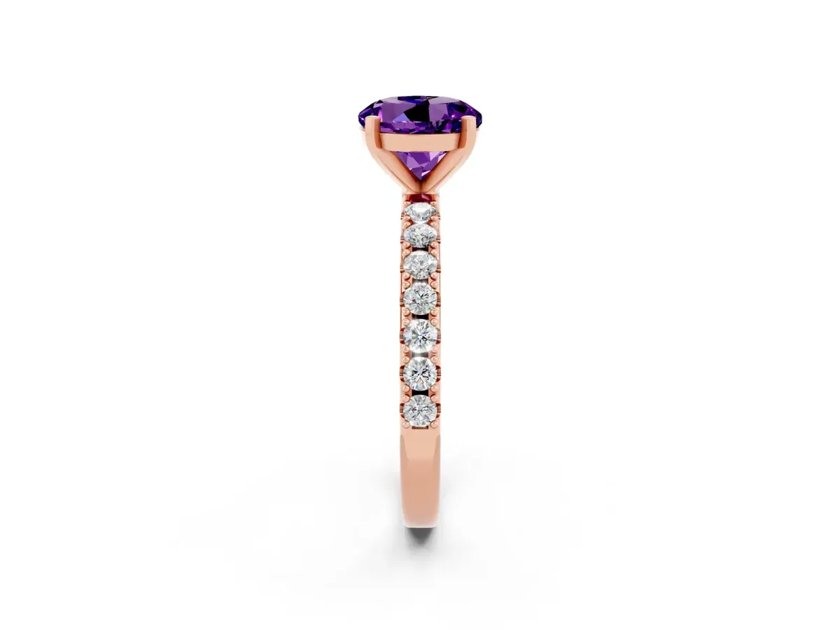 Round Cut Amethyst Solitaire Pavé Band with Four-Prong Setting Rose gold
