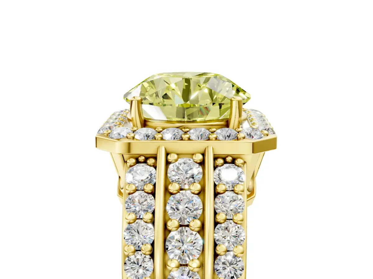 Fancy Yellow Round Cut Halo Diamond Ring with Round Split Shank and Prong Setting Yellow gold