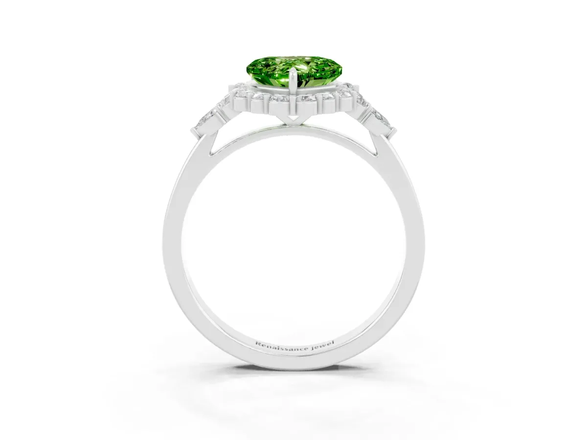 Heart Cut Peridot Halo Ring with Pear Side Stones and Prong Setting Silver
