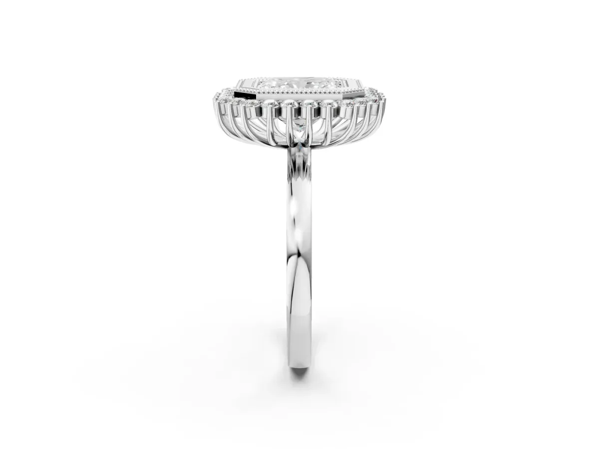 Radiant Cut Halo Diamond Ring with Milgrain Edge and Round Prong Setting Platinum