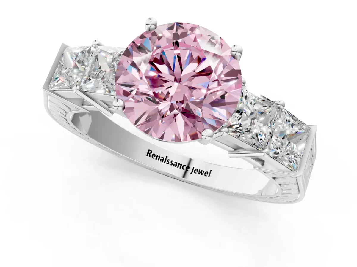 Fancy Pink Round Cut Solitaire Princess Side Stone Engraved Band Prong Setting Ring White gold
