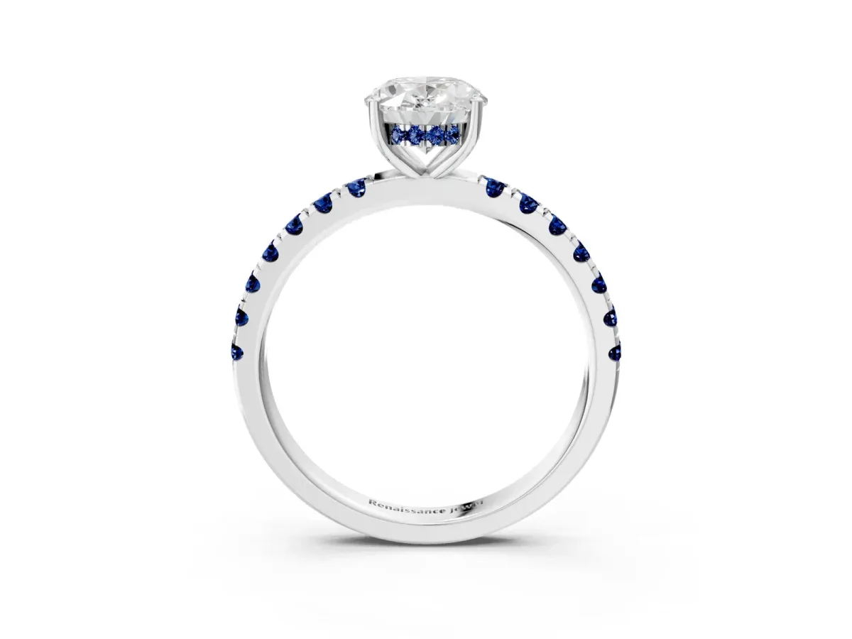 Oval Cut Diamond Pave Band Solitaire Ring with Round Blue Sapphire and Prong Setting Platinum