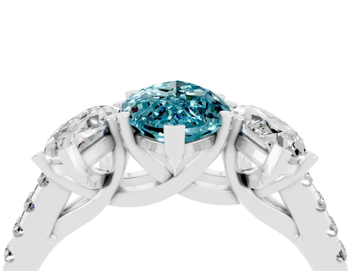 Three-Stone Marquise Cut Blue Topaz Ring with Round Pavé Band and Prong Setting Silver
