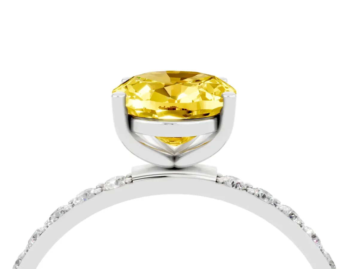 Oval Cut Yellow Sapphire Solitaire Ring with Round Pavé Band and Prong Setting Silver