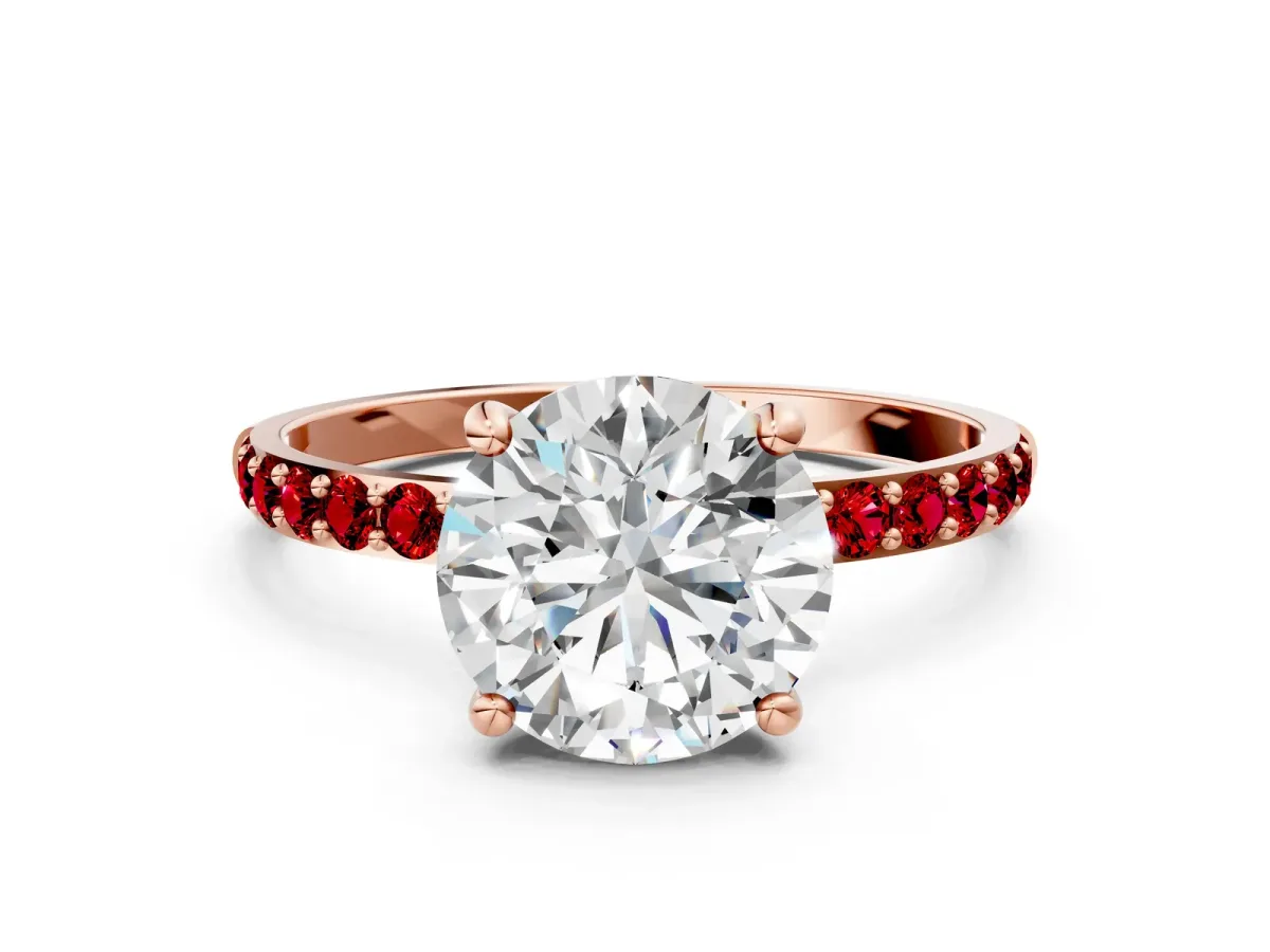 Round Cut Diamond Solitaire Ring with Round Ruby Pavé Band and Prong Setting Rose gold