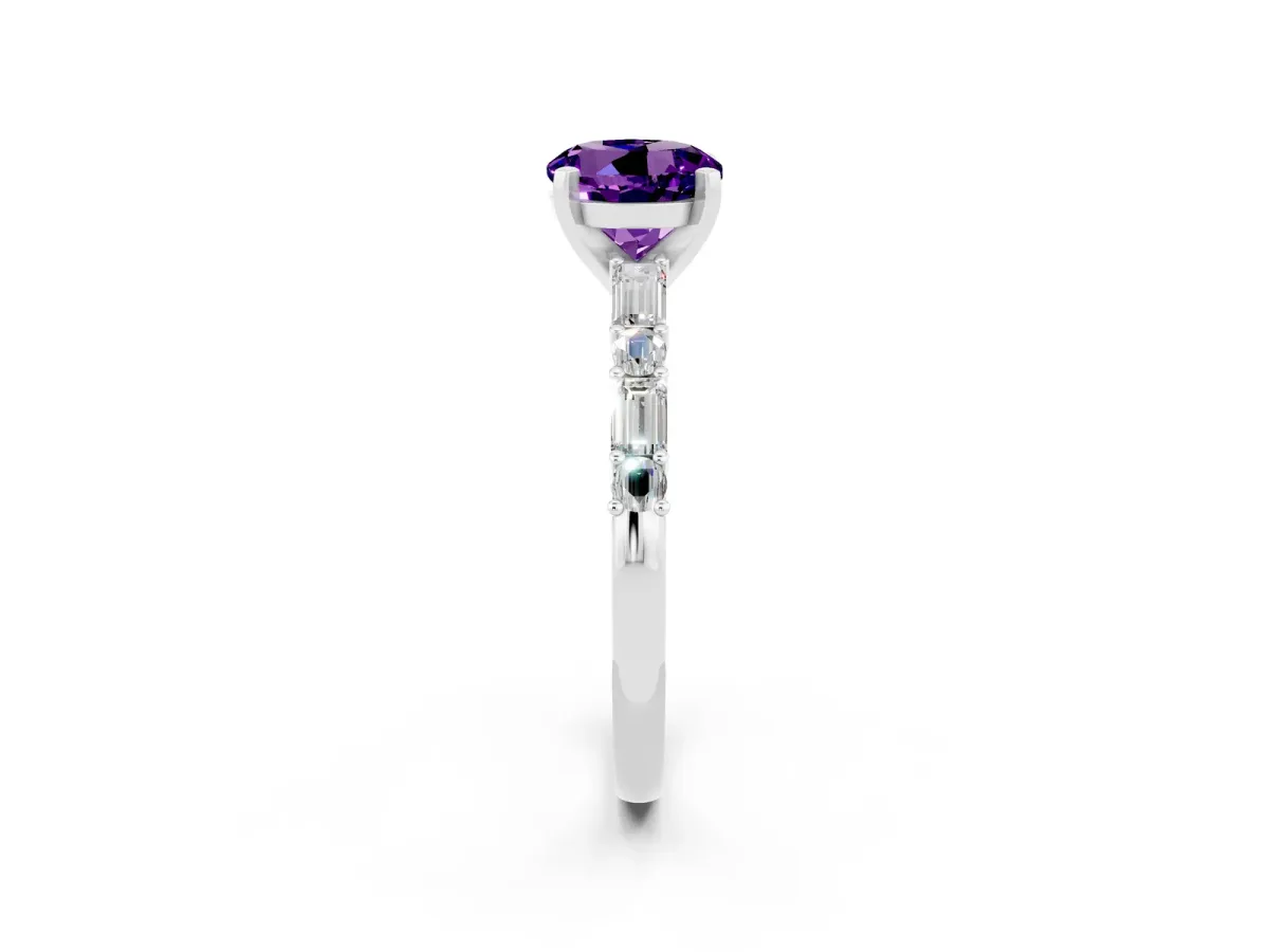Round Cut Amethyst Solitaire with Side Baguettes and Channel Set Band Platinum