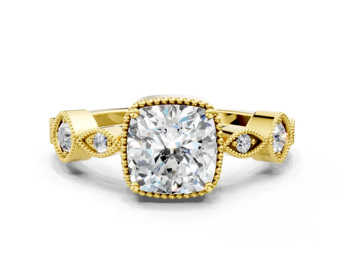 Cushion Cut Diamond Vintage Milgrain Ring with Round Stations Yellow gold