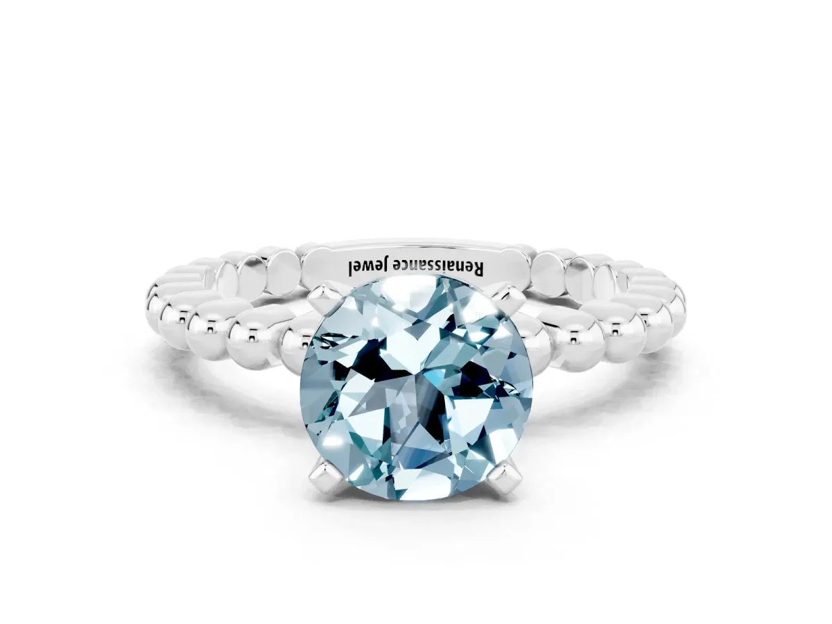 Round Cut Aquamarine Solitaire Ring with Beaded Band and Prong Setting Silver