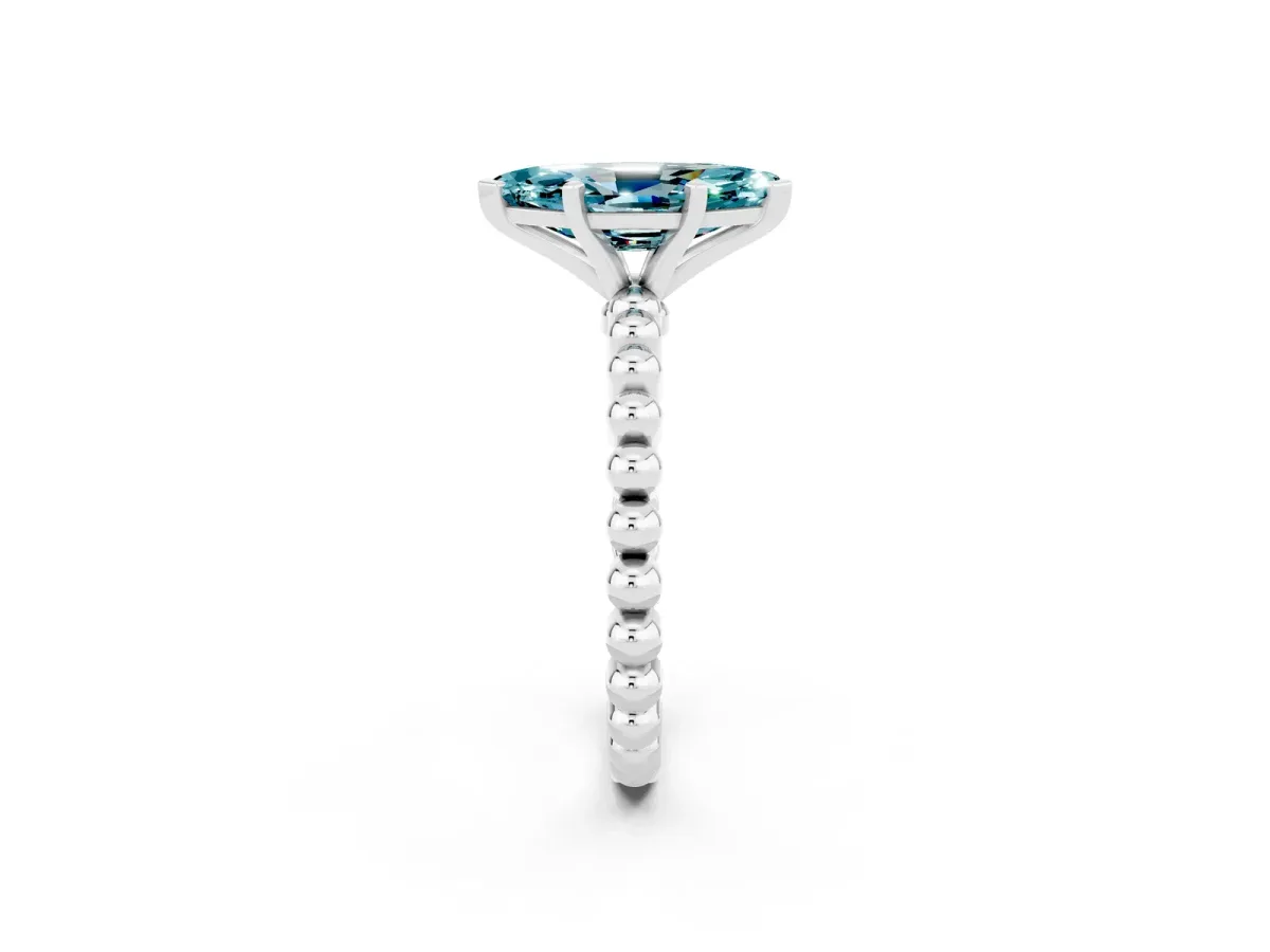 Marquise Cut Blue Topaz Solitaire Ring with Beaded Band and Prong Setting Silver