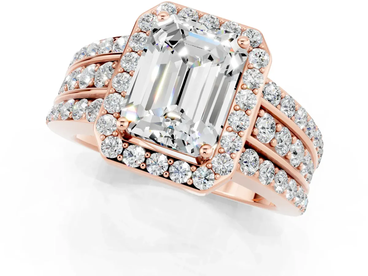 Emerald Cut Halo Moissanite Ring with Round Split Shank and Prong Setting Rose gold