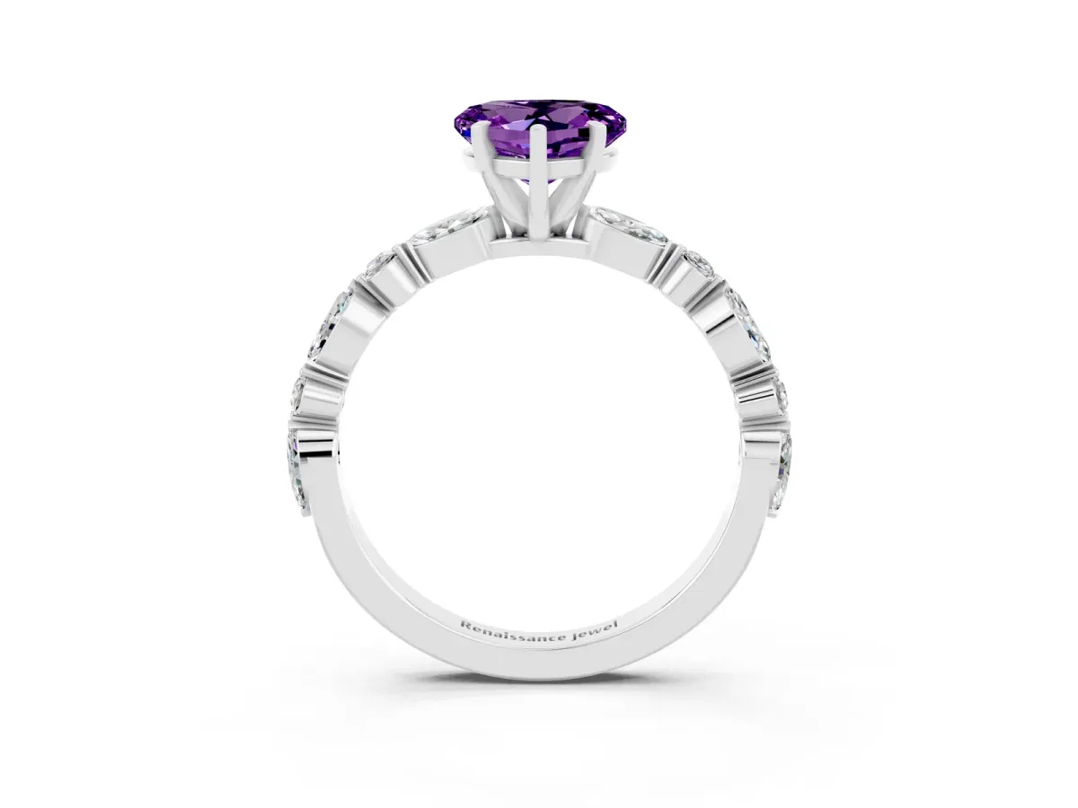 Heart Cut Amethyst Ring with Marquise and Round Side Stones and Four-Prong Setting Silver